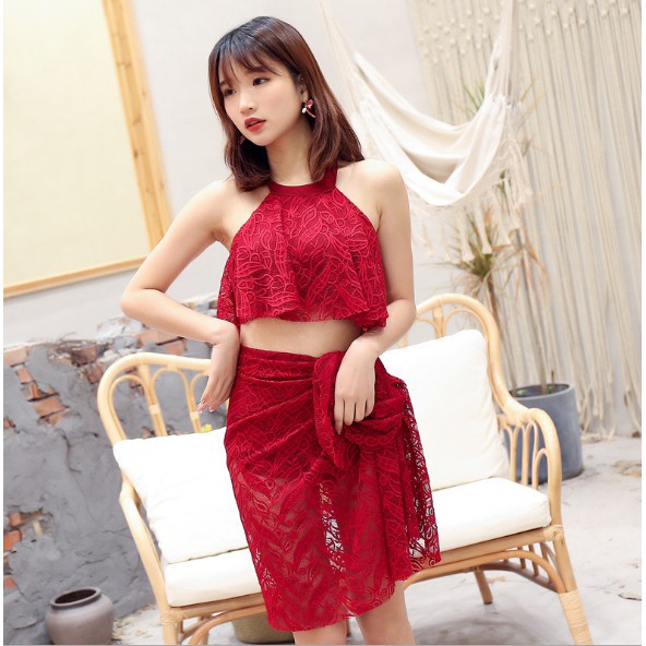 (Có sẵn)bikini kèm khăn quấn ren đẹp màu đỏ