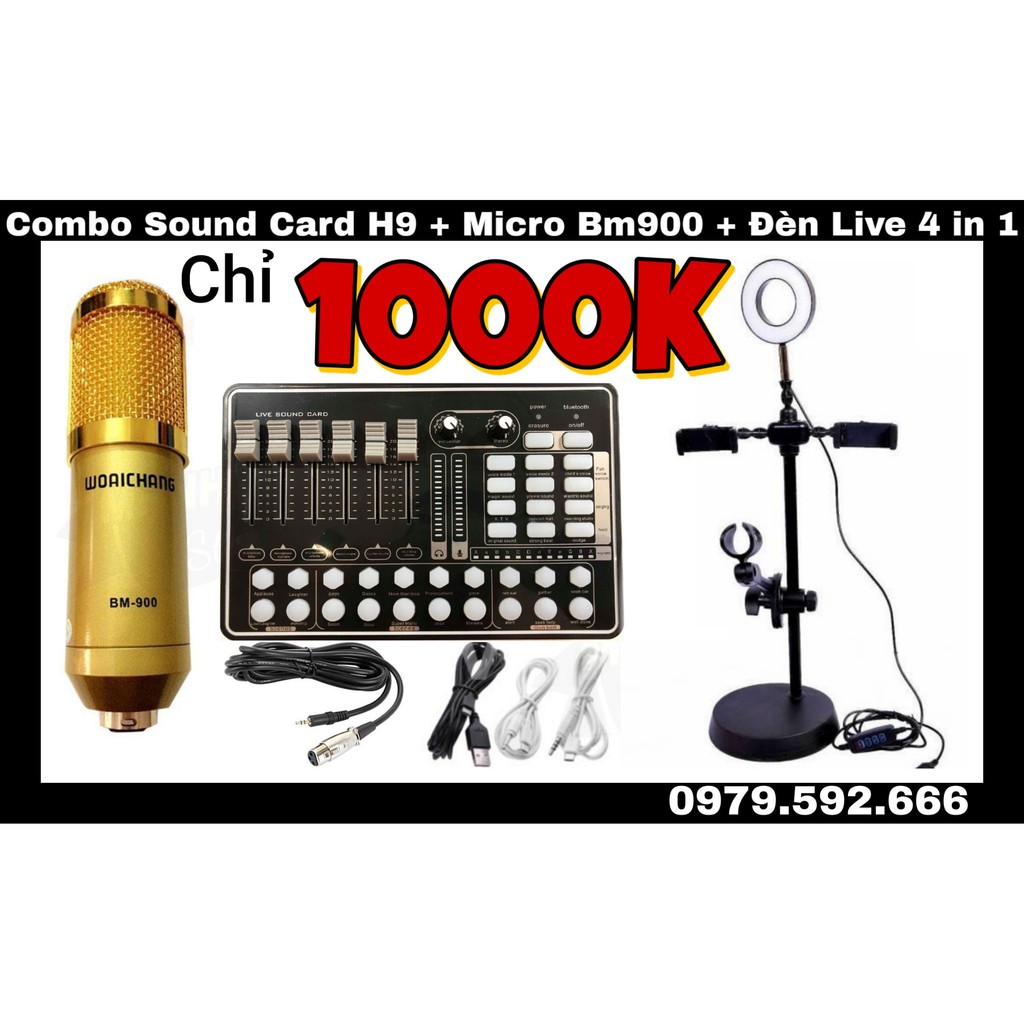 [SIÊU RẺ] Combo Sound Card H9 nhiều hiệu ứng + Micro BM900 + Đèn Livestream 4 in 1 tiện lợi giá rẻ chính hãng