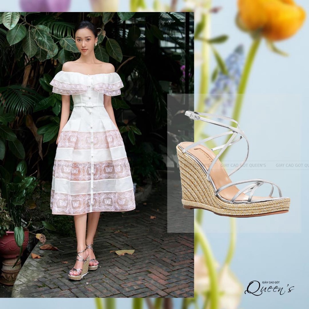 Giày Cao Gót Đế Cói Dạng Xuồng Nữ Quai Đan Chéo Màu Gold Màu Bạc, Giày Sandal Cói Cho Nữ Cao Cấp Hàng Hiệu 10 Phân