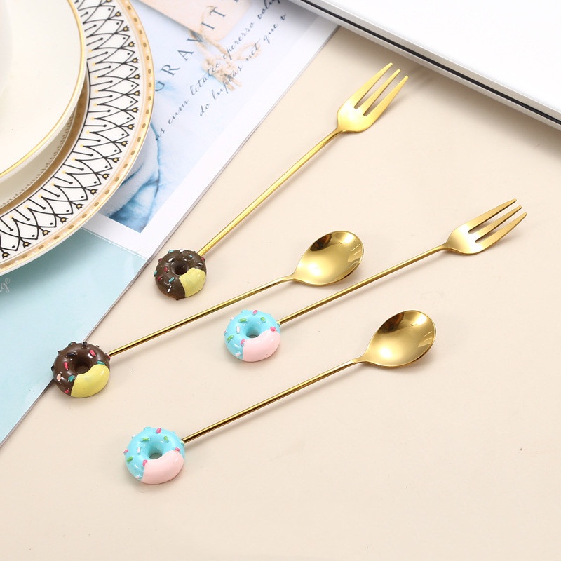 Bộ Muỗng Nĩa Hình Bánh Donut Bằng Thép Không Gỉ Độc Đáo