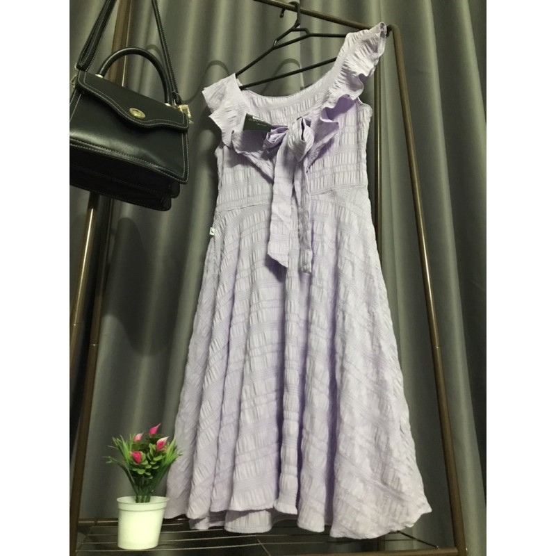 Váy maxi tím trắng vải siêu đẹp thắt nơ lưng vải xốp by germe