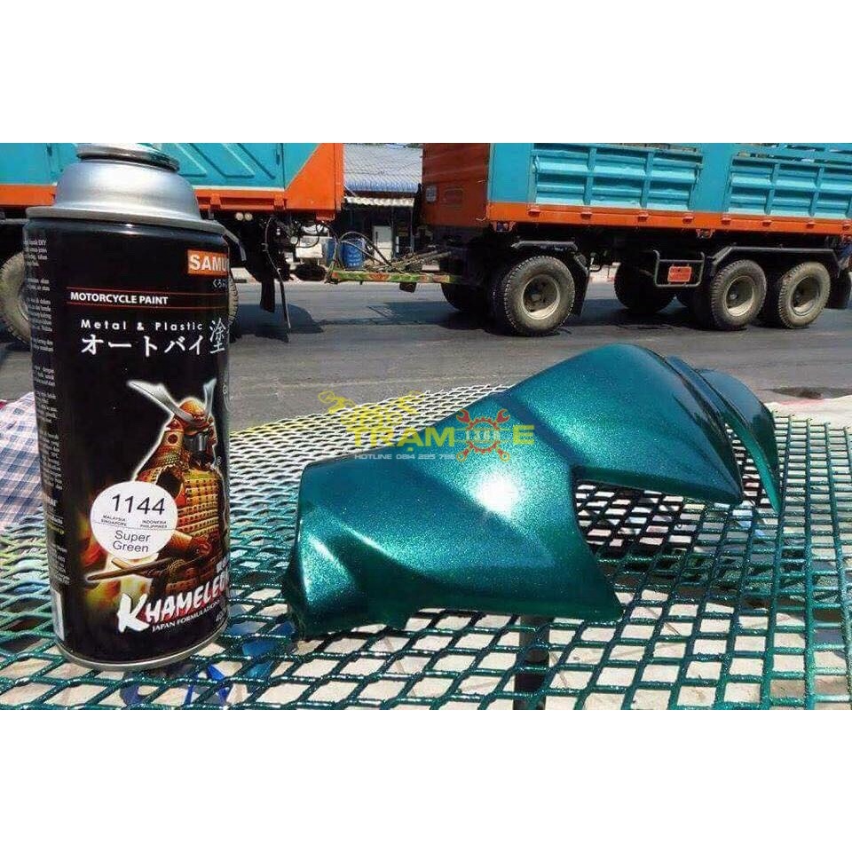 Chai sơn xịt Samurai màu xanh rêu 1144 (xanh nhớt) ánh kim 400ml chuyên sơn xe máy ô tô