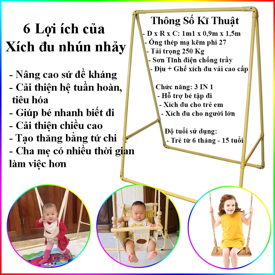 Xích đu nhún nhảy cao cấp cho bé 3 In 1, hỗ trợ tập đi cho bé 4-6 tháng tuổi + Tặng thảm đàn hồi bảo vệ chân bé