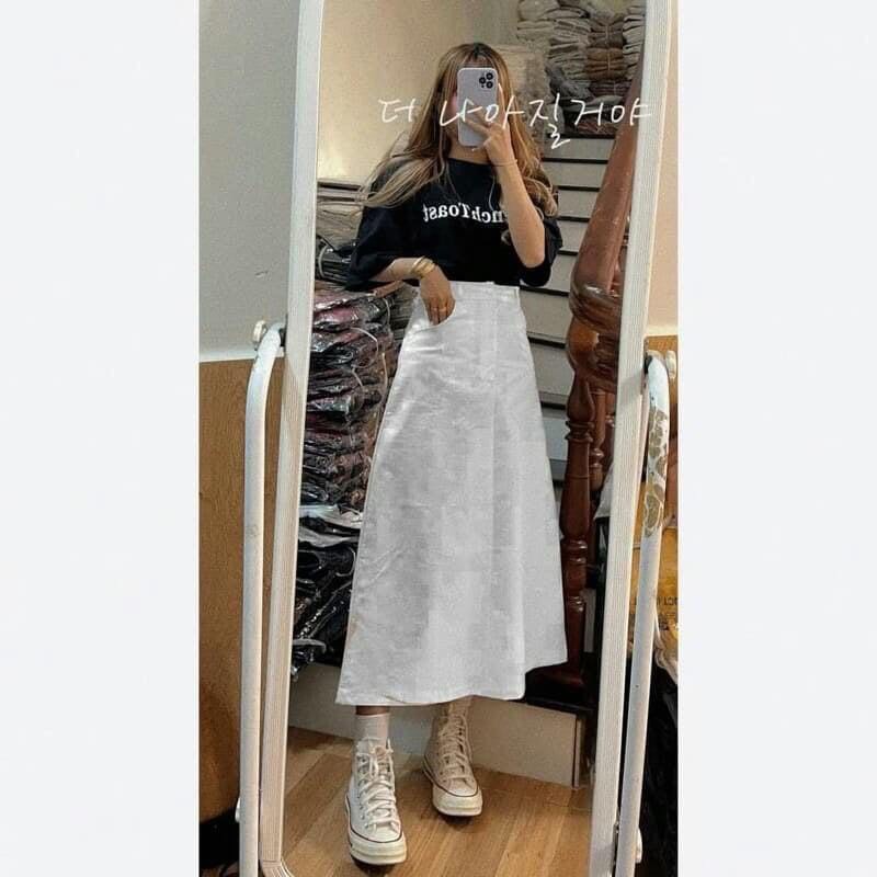 Set bộ nữ áo phông cộc tay FRENCH phối chân váy kaki chữ A dáng dài/ Chân váy suông kèm áo thun tay lỡ dáng rộng unisex | BigBuy360 - bigbuy360.vn