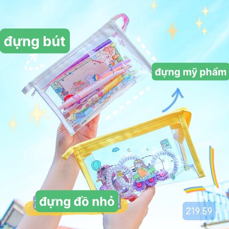 Túi đựng bút, mỹ phẩm trong suốt viền màu (tặng kèm sticker)