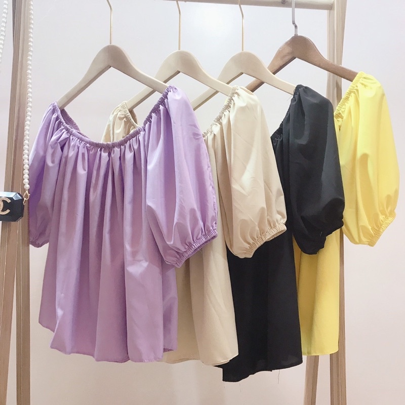 Áo trễ vai cổ vuông chun dáng xoè Áo bệt vai chất thô lụa mặc 2 kiểu