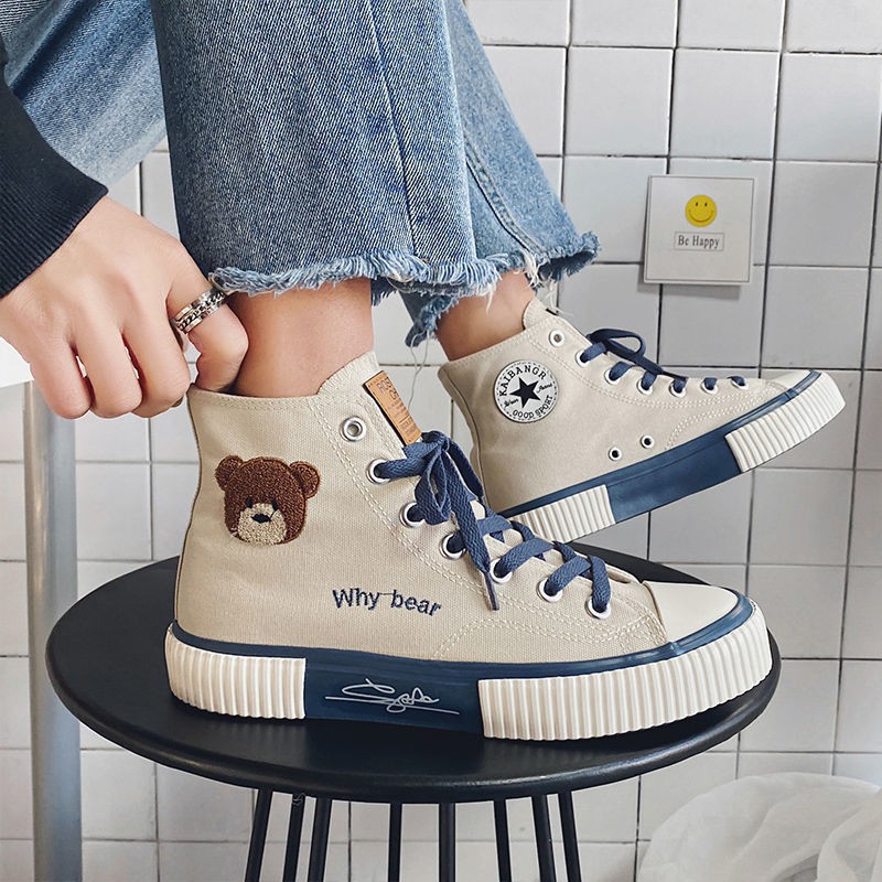 Giày thể thao bata nữ ulzzang cv cổ cao hình gấu full box, giày học sinh đế bằng vải canvas