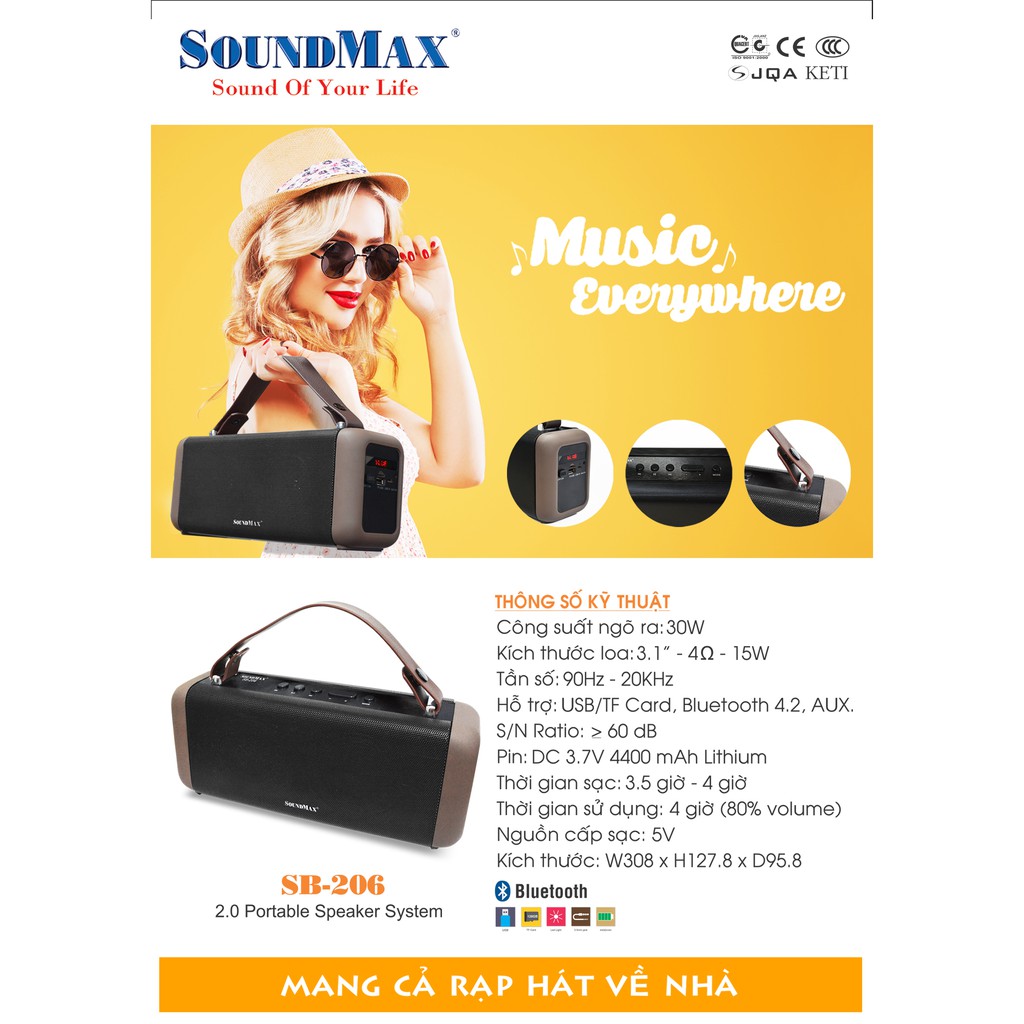 Loa xách tay di động Bluetooth SoundMax SB206 - Hàng chính hãng