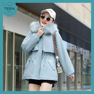 😍Hàng Loại Một😍 Áo Khoác Nữ Kaki Lót Lông - Có Mũ Lót Viền Lông Ấm Áp, Hàn Quốc Có Túi Trước Freesize