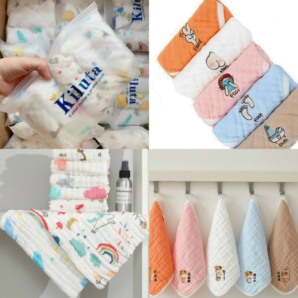 Set 5 Khăn Sữa Kiluta Xô 6 Lớp Mịn Chất Đẹp Màu xanh - Hồng - Trắng(30*30cm)