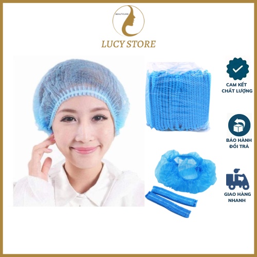 Mũ trùm đầu 100 cái, mũ con sâu y tế, mũ bọc tóc túm tóc - lucy store thiết bị vật tư spa