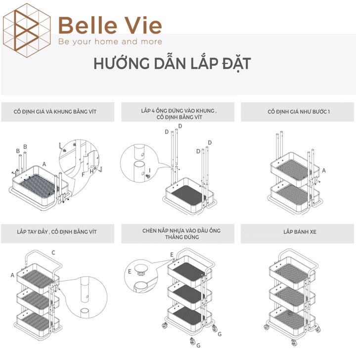 Kệ Sắt Đa Năng 3 Tầng Có Bánh Xe BELLEVIE Xe Đẩy Tiện Ích Có Tay Cầm Tiện Lợi Phong Cách Hiện Đại