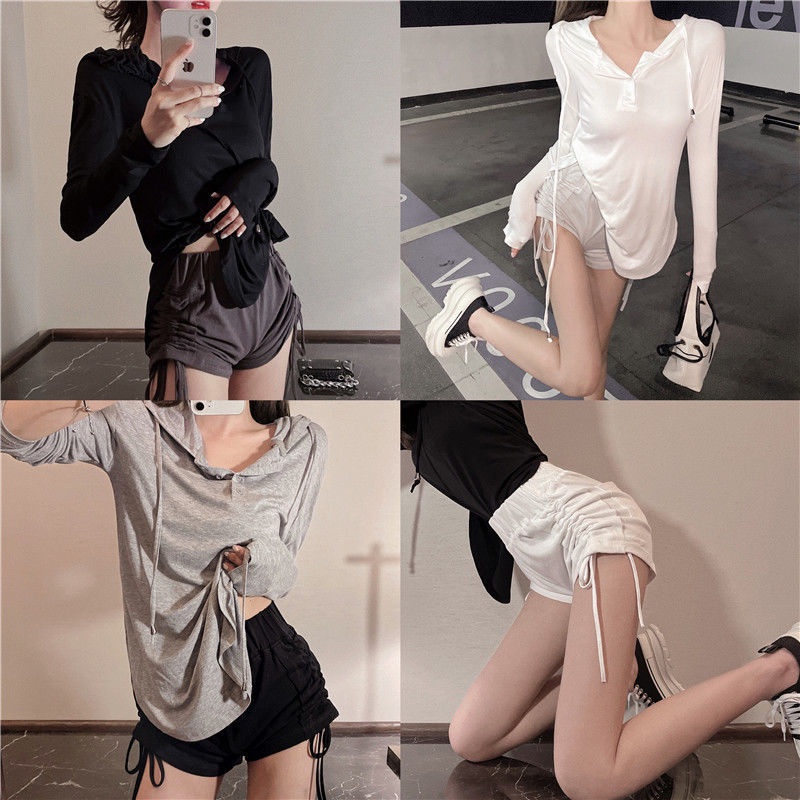 Bộ Áo Hoodie + Quần Short Lưng Cao Phối Dây Rút Thời Trang Mùa Hè Hàn Quốc Cho Nữ 2021