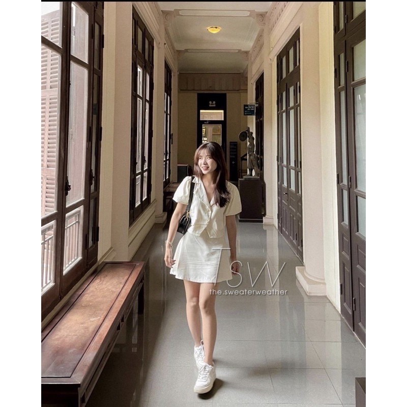 Set Áo Cổ Vest Tay Bồng Kèm Chân Váy Chữ A Ulzzang - Set vest 3 màu Trắng - Nâu - Xanh Dương | BigBuy360 - bigbuy360.vn