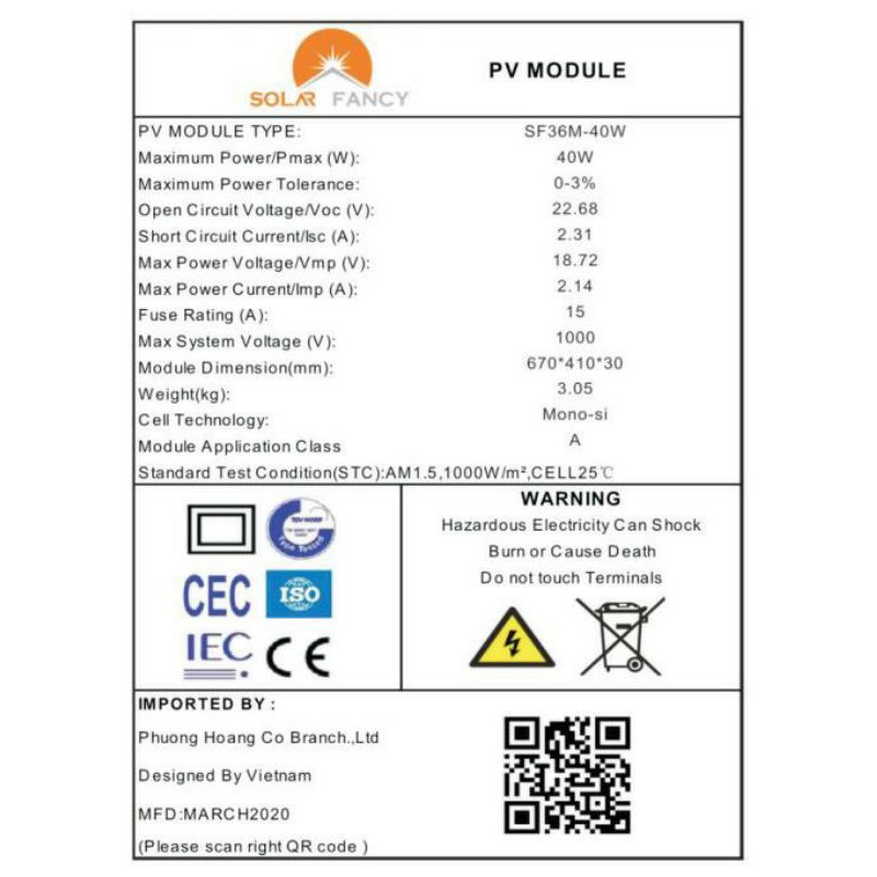 Pin Năng Lượng Mặt Trời Solar FanCy CHÍNH HÃNG 40W Mono cell