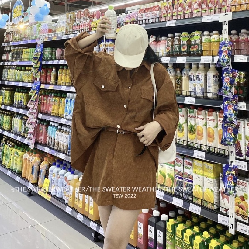 Set bộ đồ nữ - Sét bộ đồ nữ mặc đi chơi áo khoác sơ mi nhung tăm dài tay mix chân váy chữ A trẻ trung