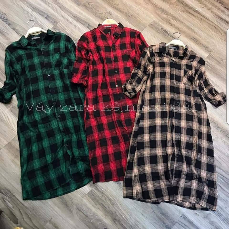 Đầm xuông kẻ dáng dài bầu béo bon chen thoải mái nhé!