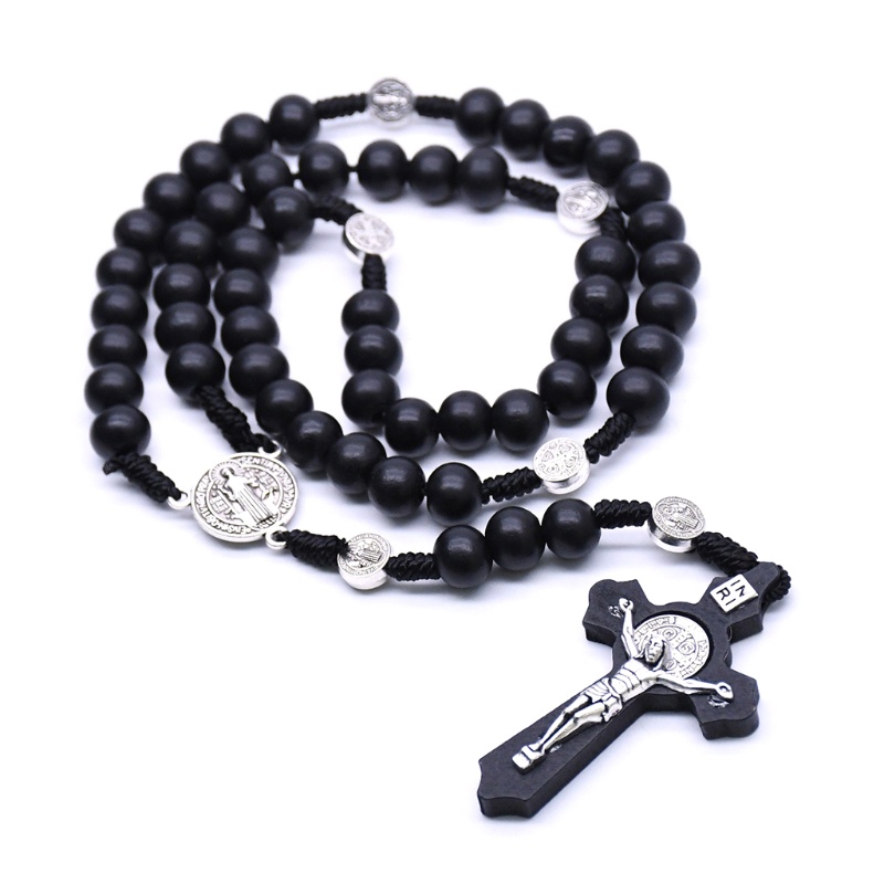 Dây chuyền chuỗi hạt mân côi đen mặt hình thánh giá chúa Jesus