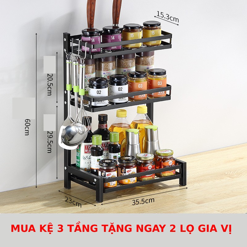 Kệ Gia Vị 2, 3 tầng INOX sơn tĩnh điện chống rỉ Cao Cấp  có khe cài dao, giá để thớt và ống cắm đũa