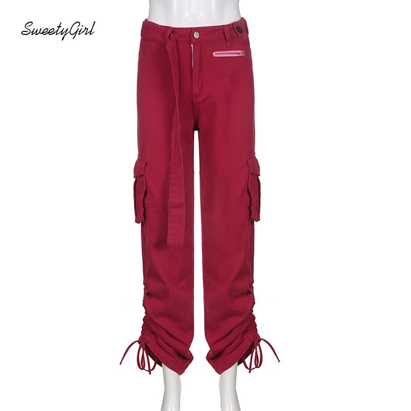 Quần Dài Thể Thao Dáng Suông Lưng Thấp Màu Đỏ Trơn Có Túi Và Khóa Kéo Thời Trang 2022 Cho Nữ