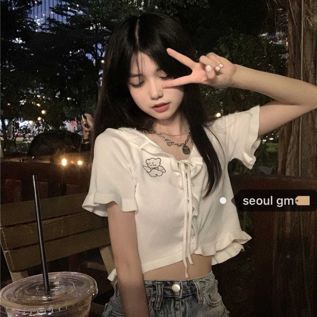 Áo croptop dệt kim thiết kế tay ngắn gợi cảm