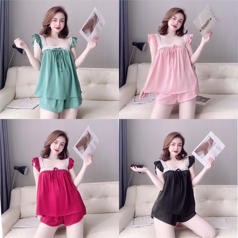 Bộ Đồ Mặc Nhà 2 Dây Phối Ren Cánh Tiên Chất Lụa Satin Mát Lạnh - Sét Ngủ Quyến Rũ Gợi Cảm Cho Phái Đẹp