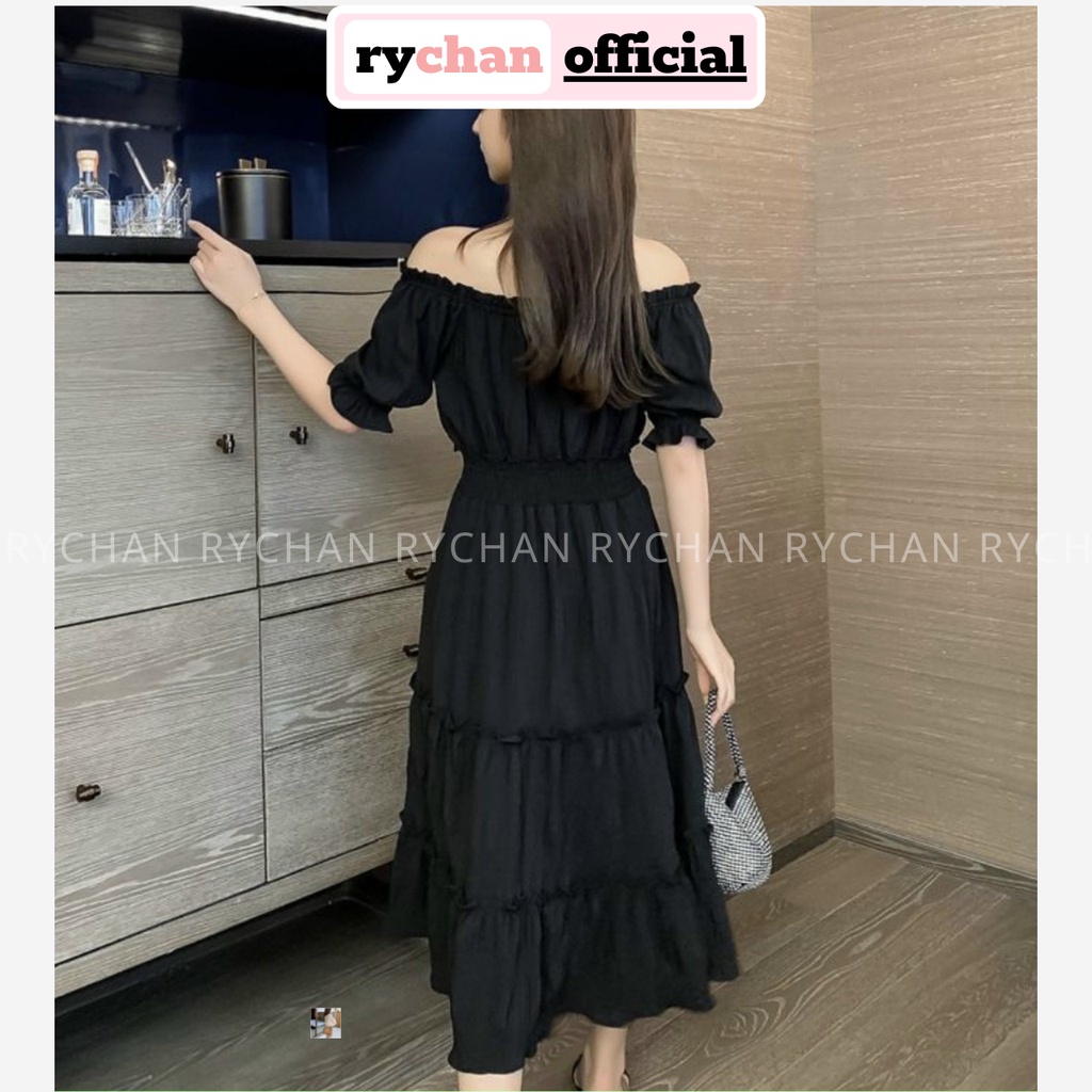 Đầm Xòe Midi Đen Trễ Vai Thắt Nơ Ngực - DX0052