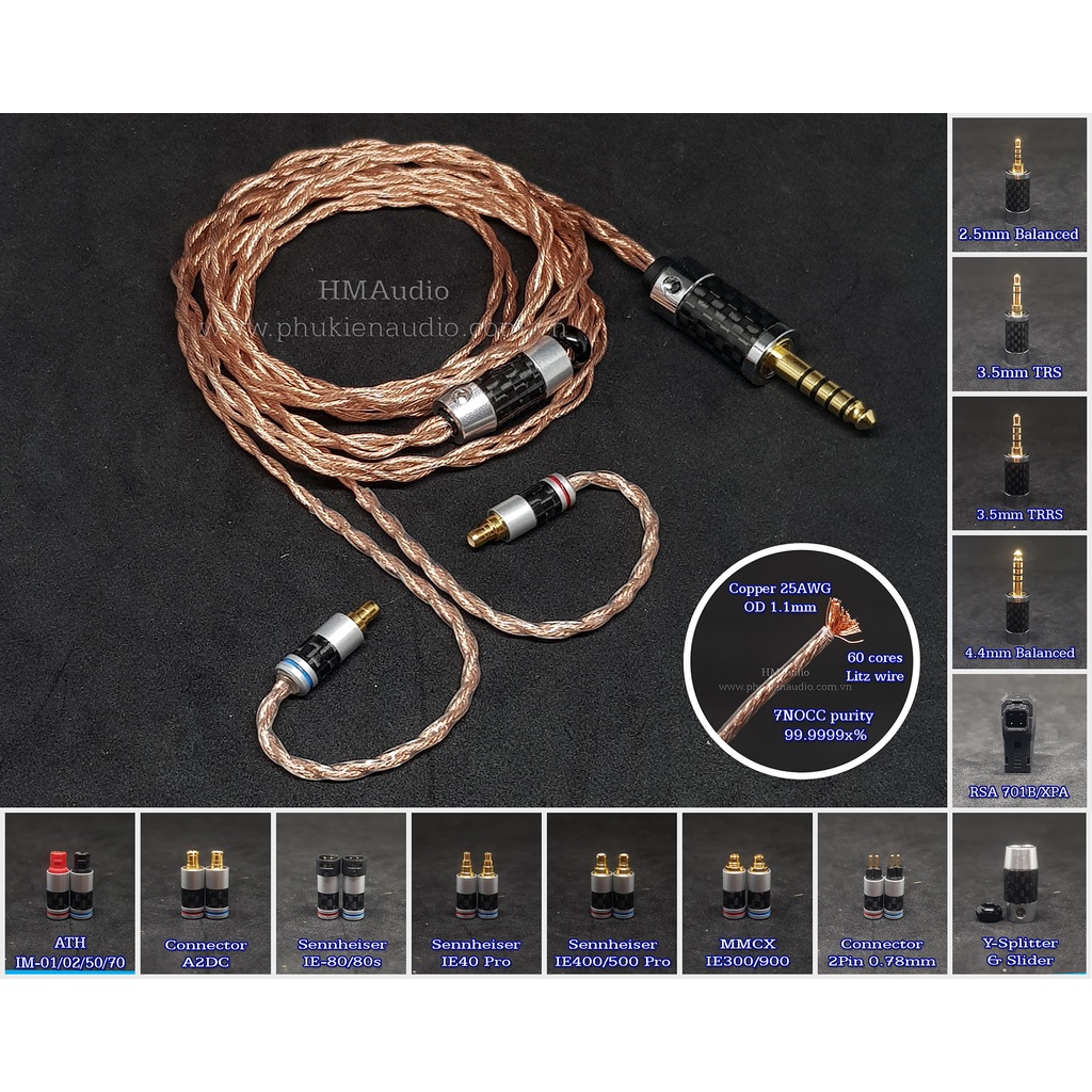 Dây tai nghe đồng 7N OCC Litz 25AWG 1.1mm tết 4 - Connetor IM03/50/70 A2DC IE80/80s IE40Pro IE100/40