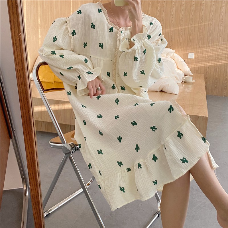 [ORDER] Đầm ngủ vải xô muslin họa tiết xương rồng màu trắng Hàn Quốc