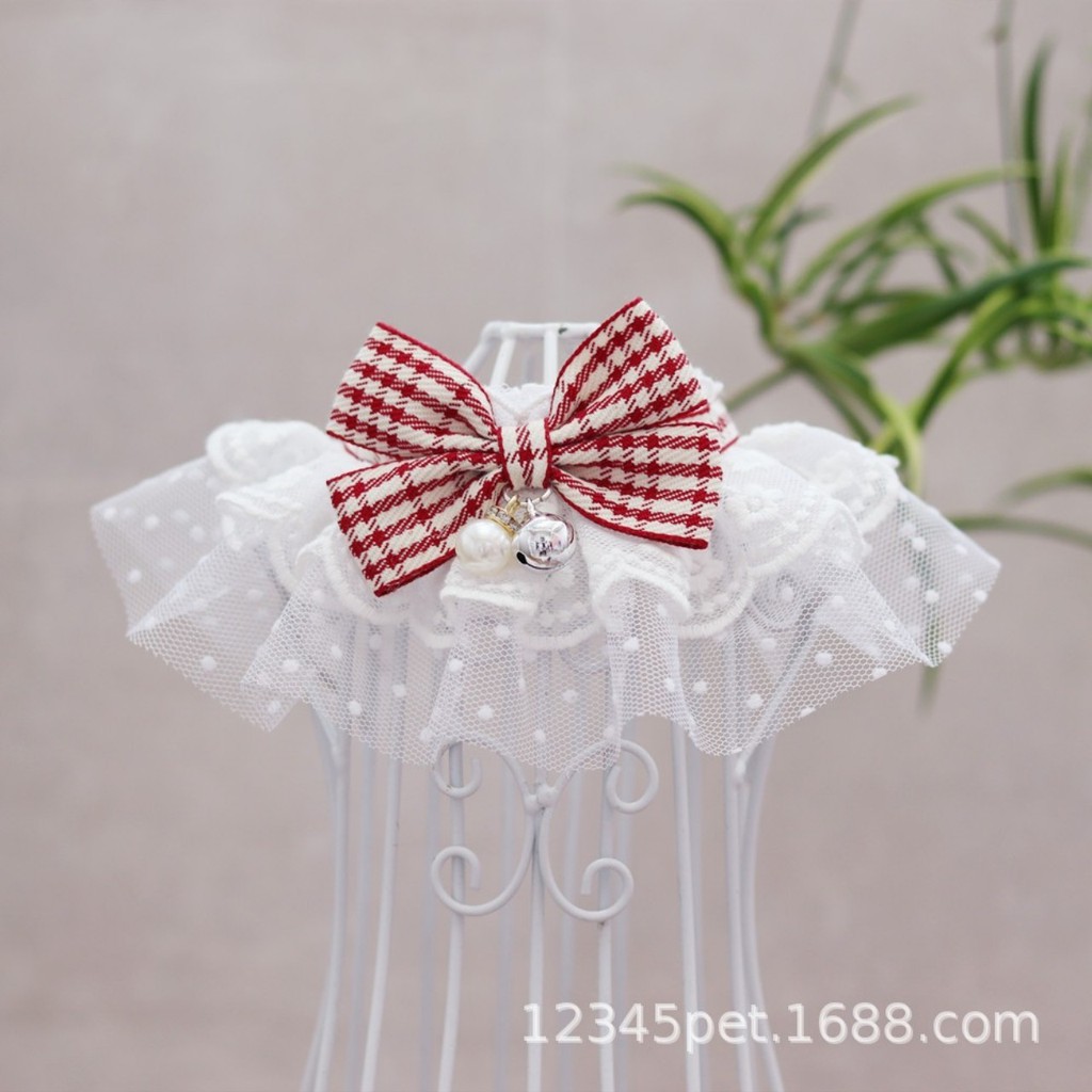 Vòng ren đeo cổ nơ caro CAMQUYTSTORE dễ thương cho chó mèo