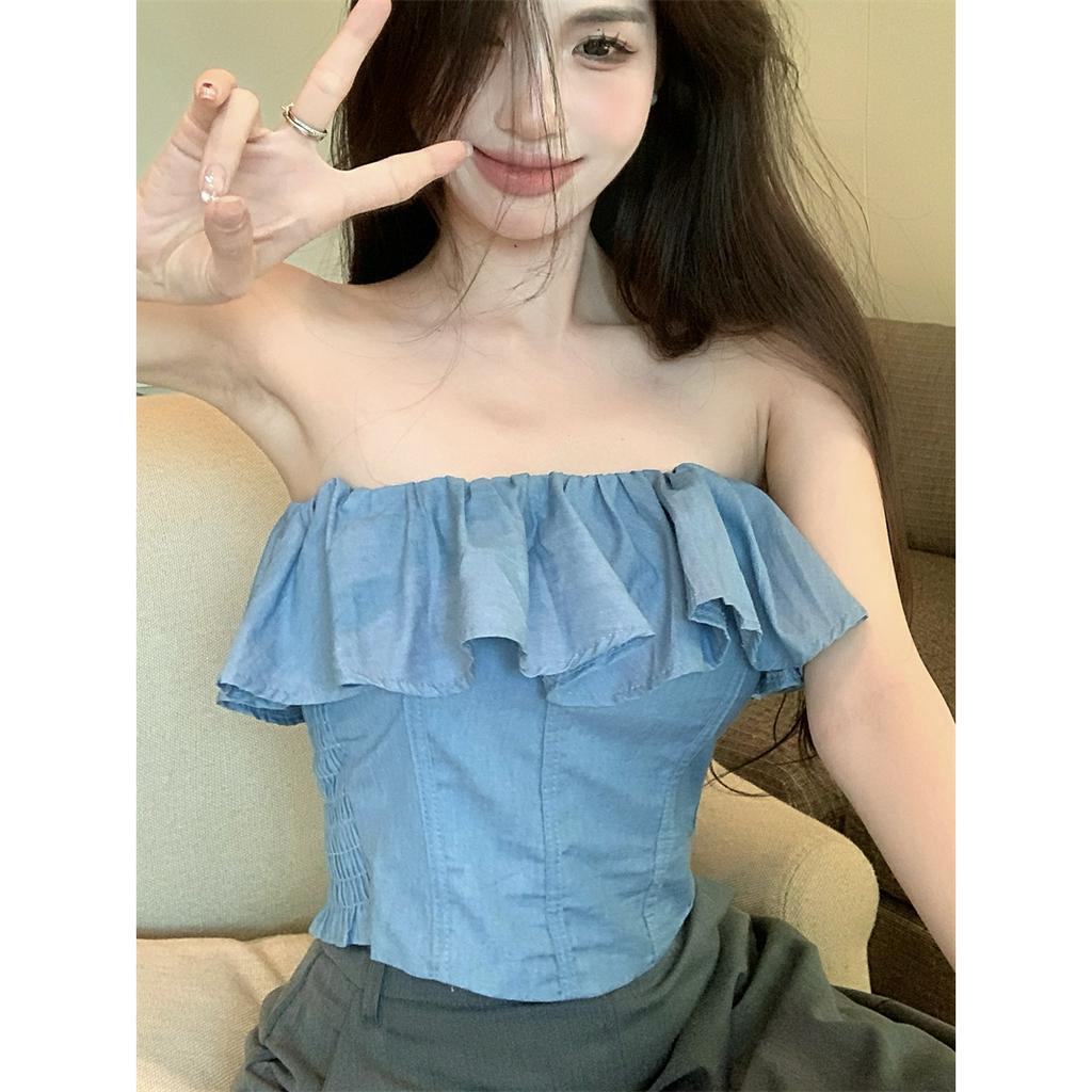 QADCOL Áo Croptop Hai Dây Nhún Bèo Phong Cách Pháp Thời Trang Mùa Hè Quyến Rũ Cho Nữ