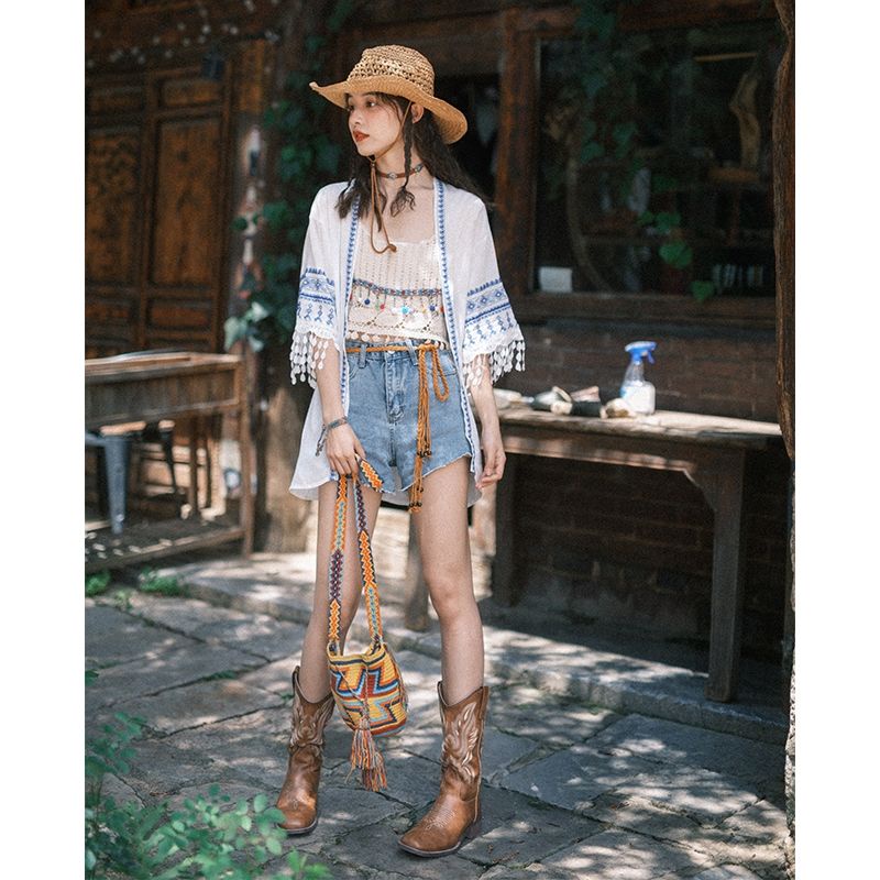 ÁO BOHO CHIC CROPTOP ĐAN DÂY SẮC MÀU PHỐI ÁO KHOÁC TAY VIỀN THỔ CẨM BOHEMIAN