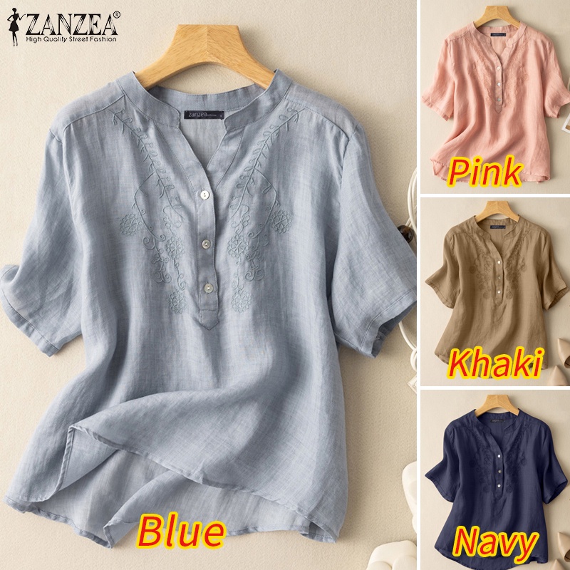 Áo ZANZEA tay ngắn cổ chữ v thêu hoa thời trang cho nữ