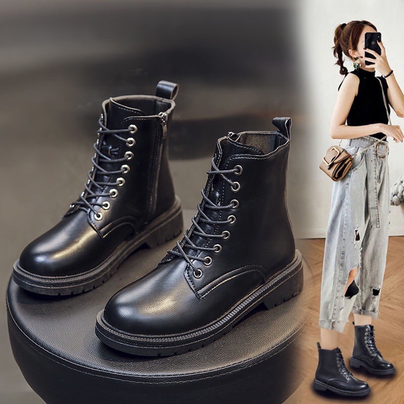 Boots Da Cao Cổ Buộc Dây Có khoá kéo kèm ảnh thật