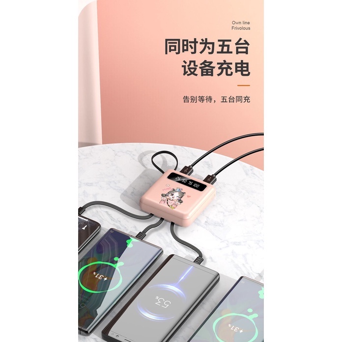 Pin Sạc dự phòng mini Cartoon 20000mAh Kèm cáp, siêu mỏng, dung lượng lớn sạc nhanh di động có 4 dây sạc