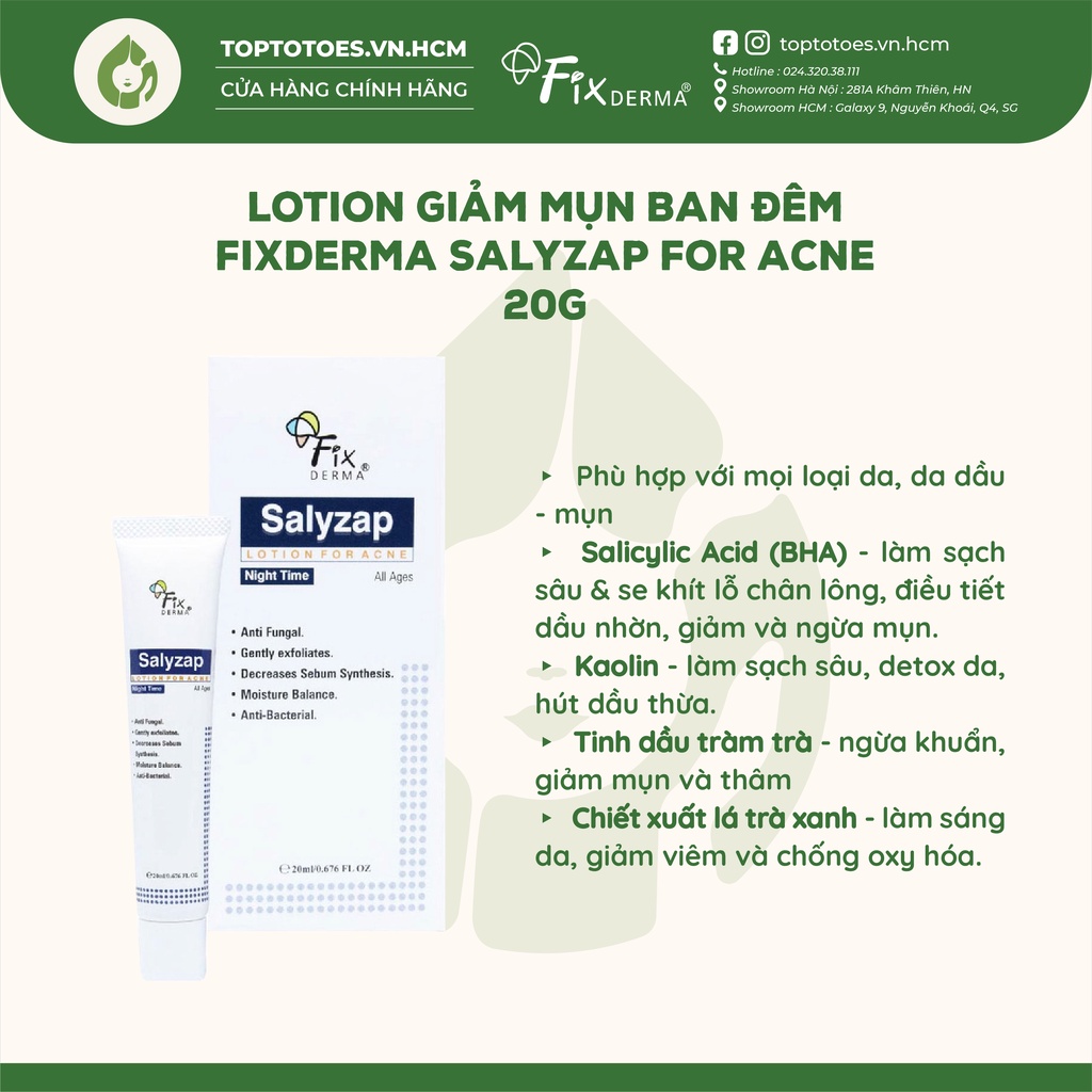Lotion giảm mụn ban đêm Fixderma Salyzap For Acne 20g [NHẬP KHẨU CHÍNH HÃNG 100%]
