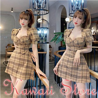 Đầm nữ đầm vàng cổ vuông tay búp