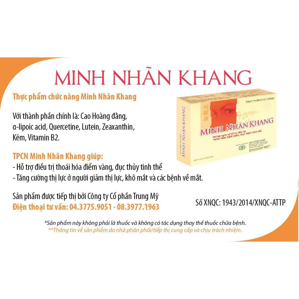 Minh Nhãn Khang - Giúp tăng cường thị lực. Hỗ trợ giảm thoái hóa điểm vàng, đục thủy tinh thể (Hộp 30 Viên)