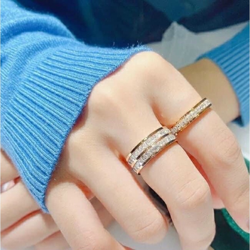 Nhẫn 2 hàng đá titan đá ba lết siêu bền màu không đen, không phai màu 065.16