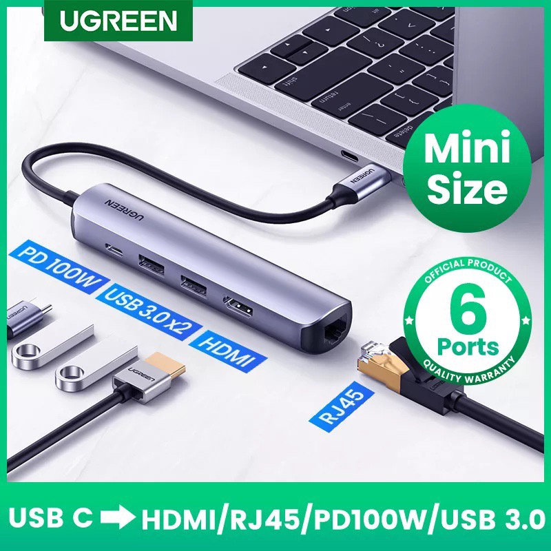 Cáp Chuyển Hub Ugreen 5 in 1 USB Type C Sang HDMI + USB3.0x2 + Mạng Lan RJ45(1000Mps) + PD Ugreen 10919 Siêu Di Động