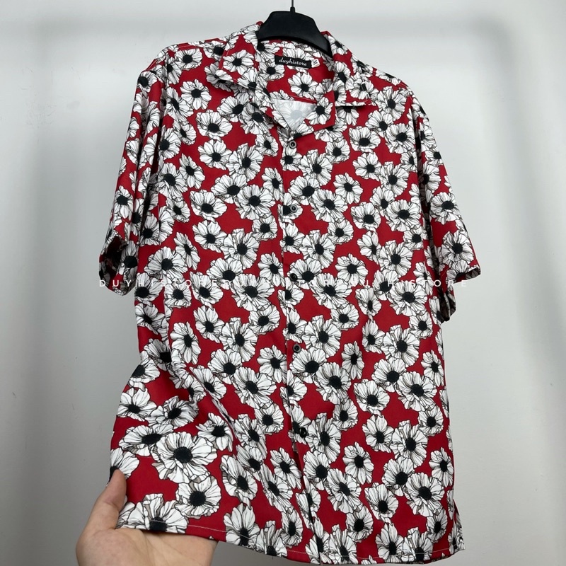Áo sơ mi cộc tay unisex form rộng họa tiết ĐỎ HOA TRẮNG cho nam nữ | DUYHI