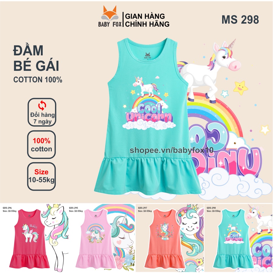Đầm thun bé gái 100% cotton loại tốt, thương hiệu BABY FOX, in hình pony, size nhỏ, trung, đại i
