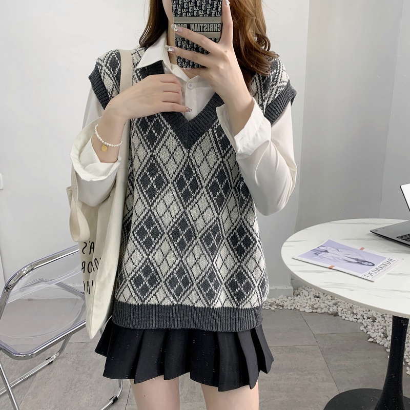 SUXI Áo Len Nữ Không Tay Cổ Chữ V Form Rộng Theo Phong Cách Vintage Đơn Giản