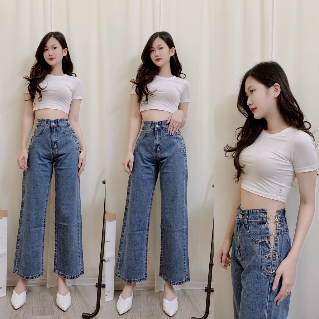 Quần jean nữ lưng cao ống rộng, đan dây xích cá tính, quần bò cạp cao skinny jeans bigsize