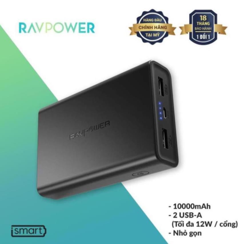 Pin Sạc Dự Phòng RAVPower 10000mAh RP-PB005 Power Bank Black- Thương hiệu USA- Hàng Chính hãng