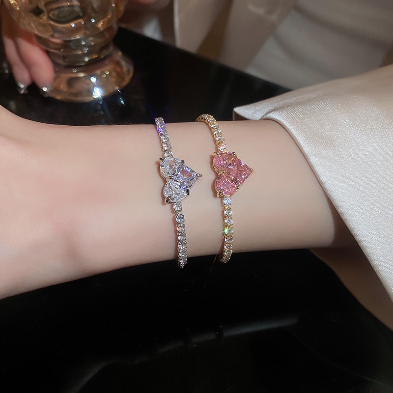 Vòng Tay Đính Đá Zircon Hình Trái Tim Có Thể Điều Chỉnh Thời Trang Hàn Quốc Cho