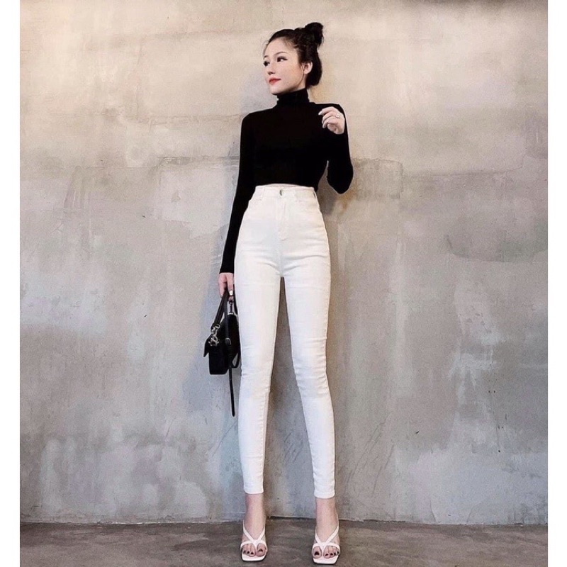 Quần jeans ôm trắng trơn cạp cao chất co dãn xịn
