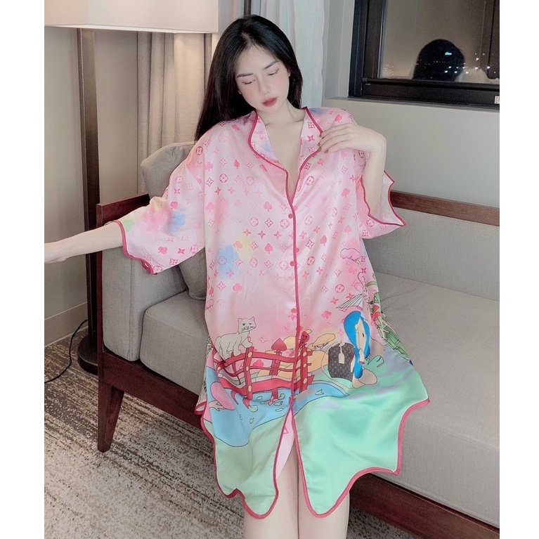 Đầm ngủ sơmi lụa satin form suông freesize 40-65kg