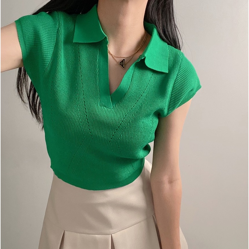 SUXI Áo POLO Dệt Kim Tay Ngắn Màu Sắc Đơn Giản Dễ Phối Đồ Phong Cách Hàn Quốc