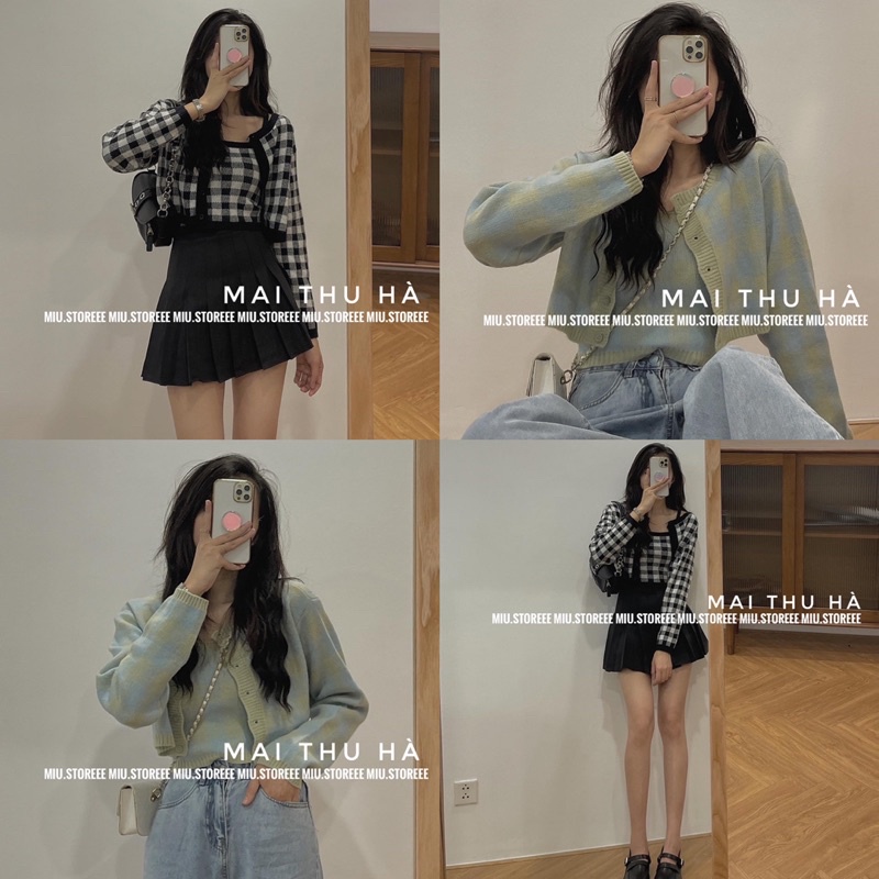 SET ÁO HAI DÂY KÈM ÁO KHOÁC LEN CARDIGAN KẺ CARO SAHDKA